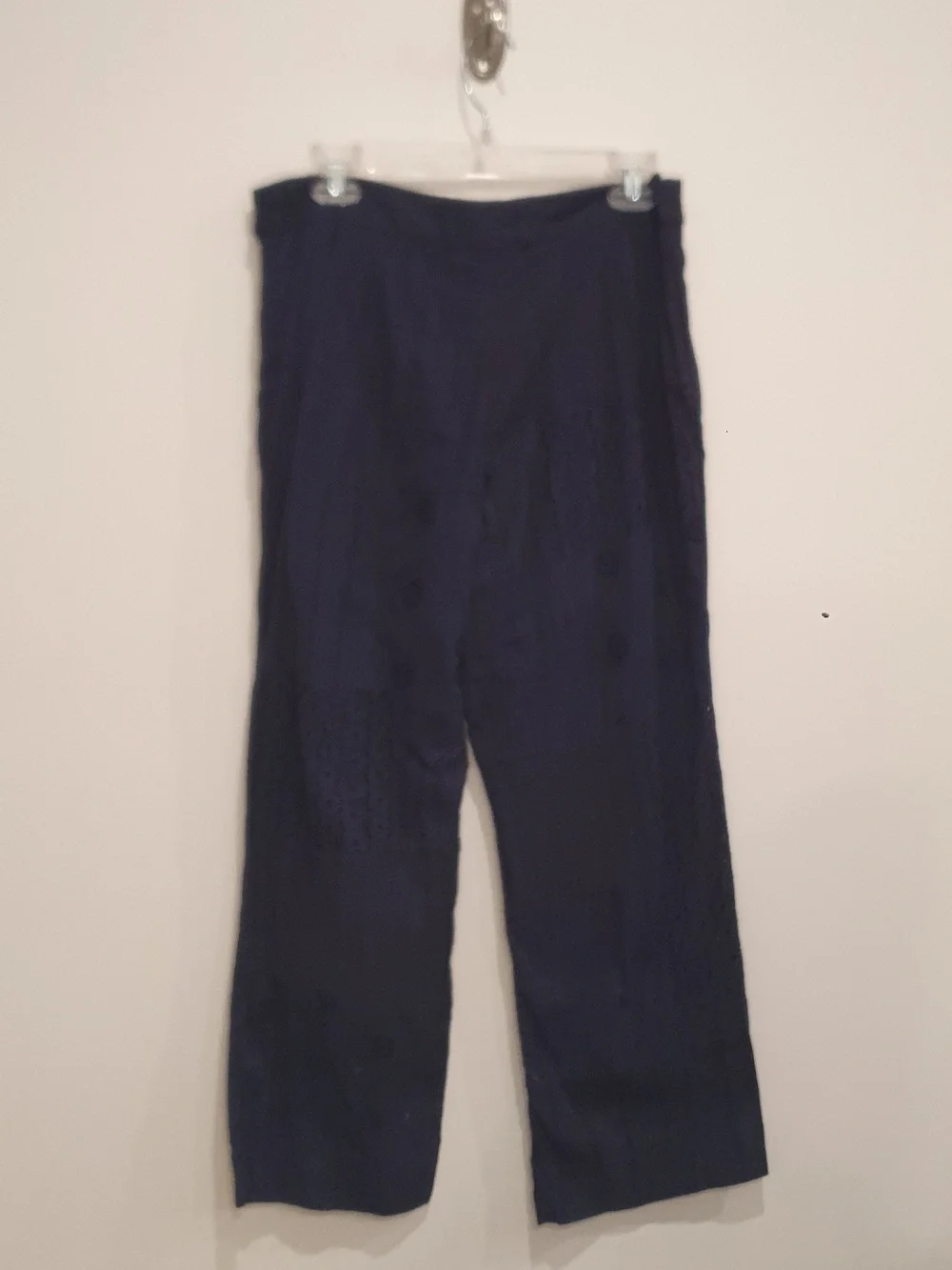 Zara Eyelet Lace Patchwork Navy Blue Embroidered Wide-Leg Pants Size Medium - Picture 7 of 11